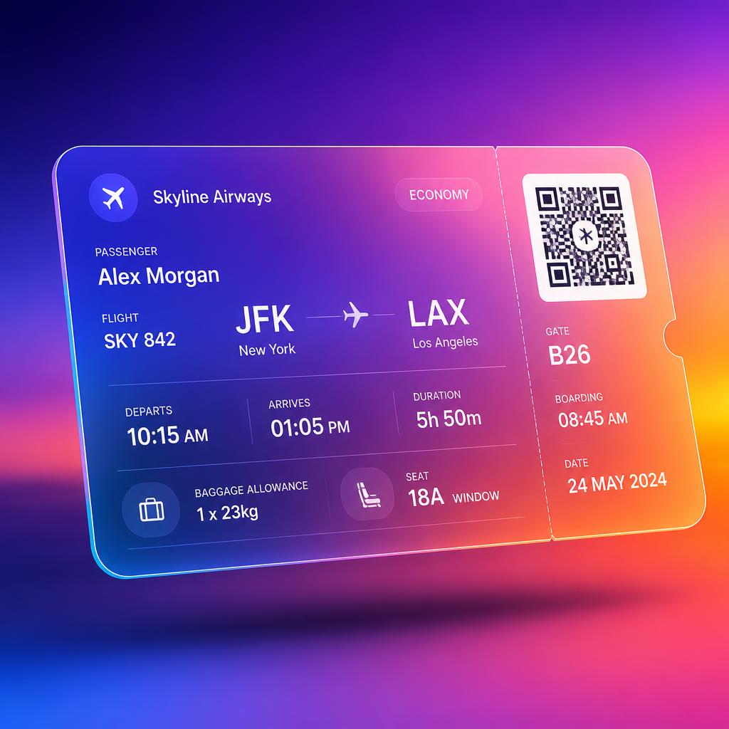 Digital boarding pass preview showing flight JFK to LAX with QR code and gate info